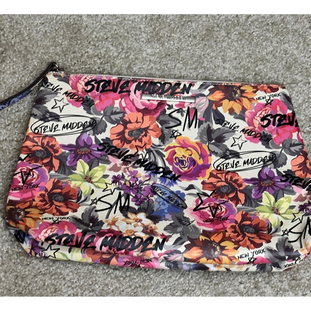 Steve Madden Floral Graffiti Logo Zip Pouch Clutch Bag Multi Color Wristlet